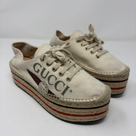 Gucci Shoes - GUCCI Espadrille Sneaker Womens 38.5 / 8.5 US GUCCI Logo Prints Platform Wedge